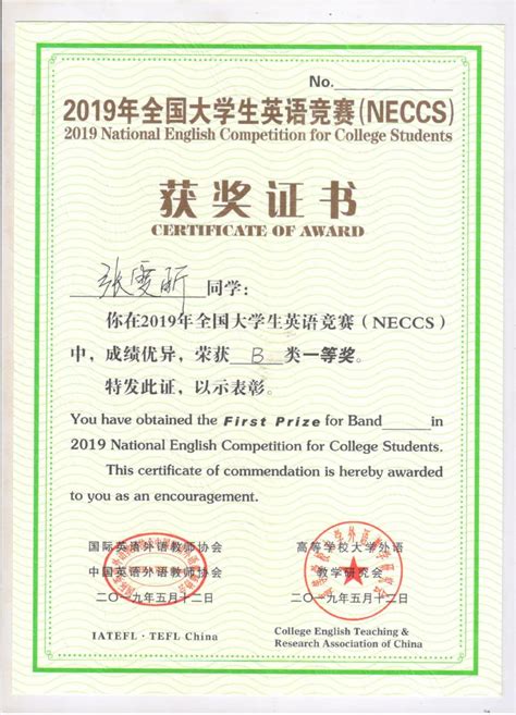 全国大学生英语竞赛简写为NECCS——近三年（2017-2019）我校学生获得一等奖展示