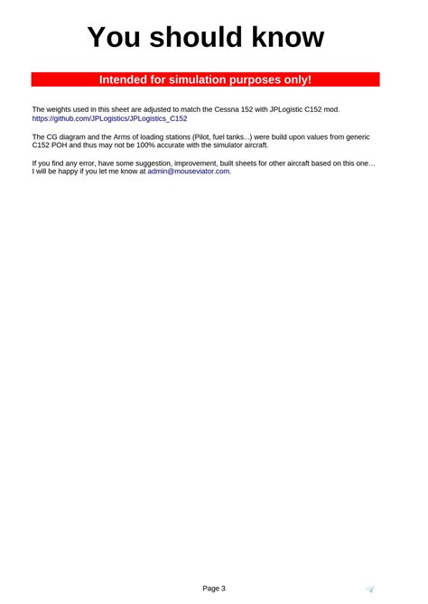 Weight and Balance Sheets - Cessna 152, 172 for Microsoft Flight ...