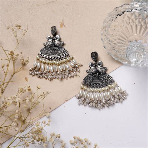 Tribe Silver Peacock Pearl Earrings – Teejh