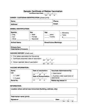 Sample Certificate of Rabies Vaccination - Blank Fillable Template ...