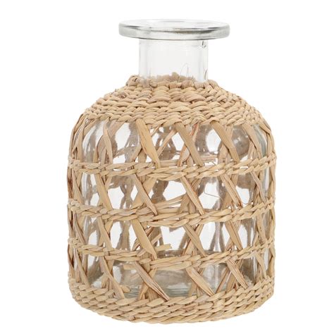 Vase Flower Woven Glass Rattan Seagrass Decor Vases Wicker Farmhouse ...