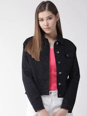 Buy Xpose Women Navy Blue Solid Denim Jacket Online