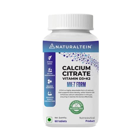 NATURALTEIN Calcium Citrate with Vitamin D3 & K2 (MK7) 60 Tablets | High-Absorption Calcium ...