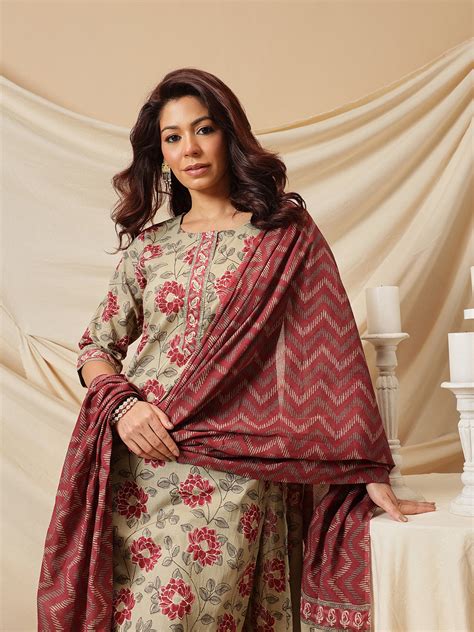 Beige Floral Printed Cotton Suit Set – Ginni Arora Label