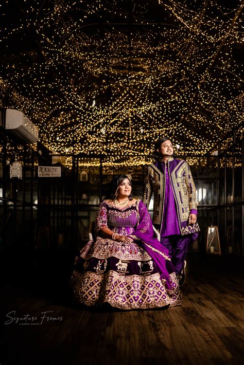 Bride & Groom in lehenga and suit designed by Archana Karthick