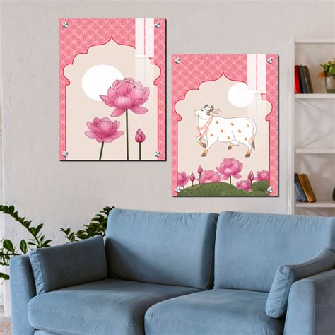 Cow and Lotus Pink Pichwai Wood Print Wall Art Set of 2 – Chalk My Theme