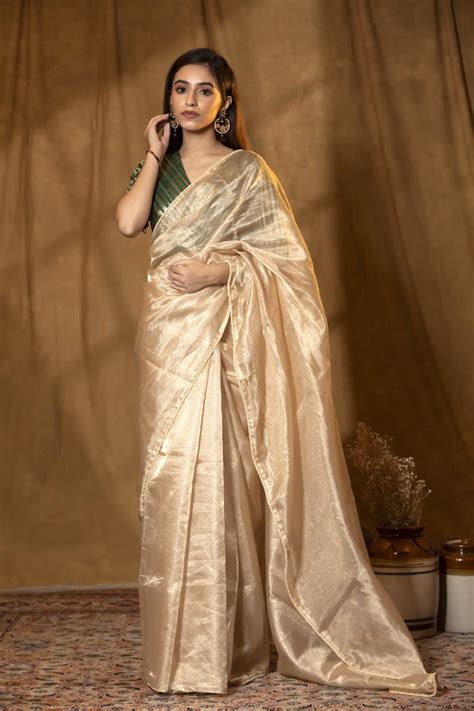 Golden Beige Bollywood Tissue Party Wear Saree with Pearls Border ...