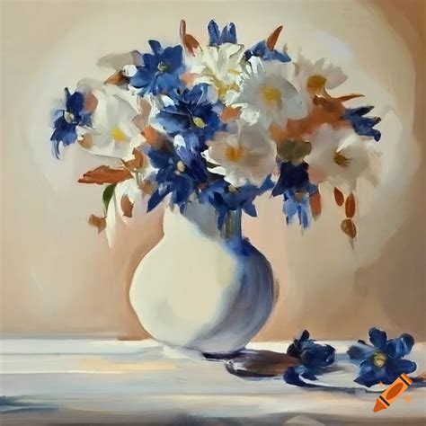 Oil painting of a white vase with flowers - painting of vase of flowers