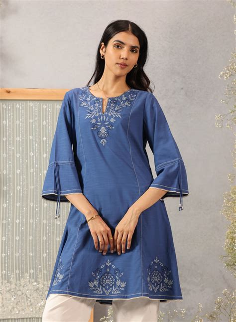 Manzar Royal Blue Embroidered Cotton Linen Tunic for Women – Lakshita