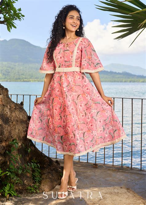Beautiful light pink chanderi floral printed dress highlighted with ma ...