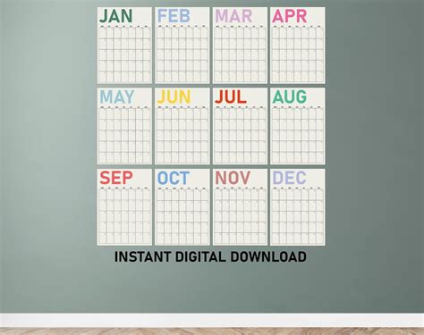 Large Monthly Wall Calendar A3 A4 PDF, Pastel Wall Planner, Undated Wall Calendar, Minimalist ...