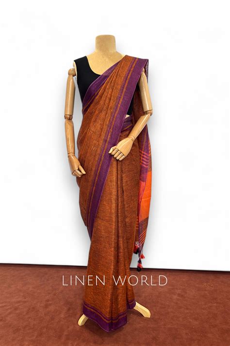 Buy Brown Organic Pure Linen Saree online - Linen World