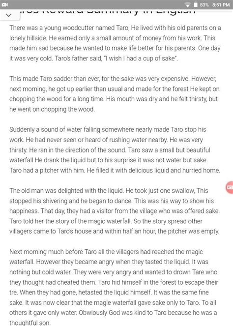 summary and theme of the story Taro reward - Brainly.in