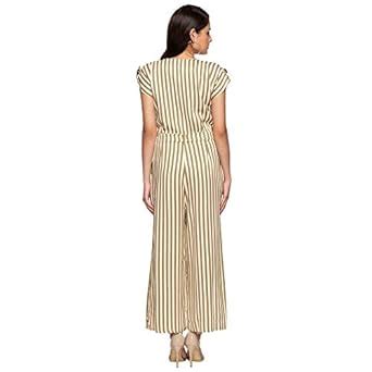 Buy COVER STORY Womens V Neck Striped Jumpsuit (Beige_Small) at Amazon.in