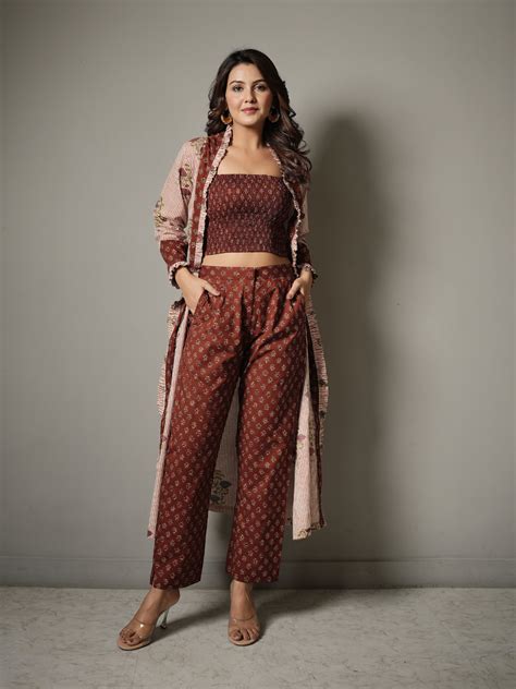 Block Print Crop Top and Pant Co-ord with Shrug
