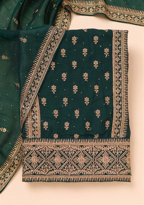Buy Bottle Green Zariwork Raw Silk Unstitched Salwar Suit - Koskii