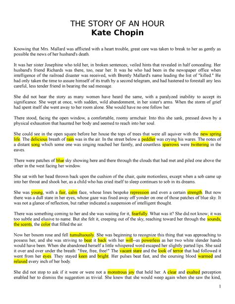 The Story of An Hour - Kate Chopin - THE STORY OF AN HOUR Kate Chopin Knowing that Mrs. Mallard ...