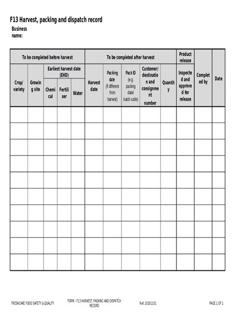 F13 Harvest, Packing and Dispatch Record - Blank Fillable Template ...