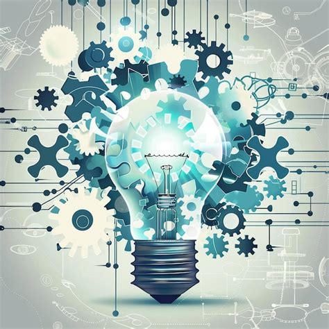 An abstract image of a lightbulb surrounded by gears and puzzle pieces ...