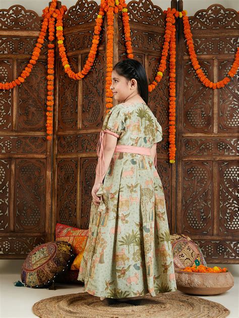 VASTRAMAY Girl's Green Ethnic Printed Long Dress – vastramay