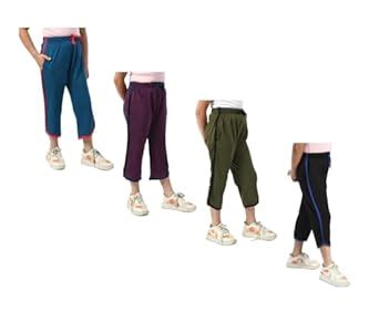 Girls Cotton Solid Loose Side Striped Capris 3/4th Pants (Pack of 4 ...