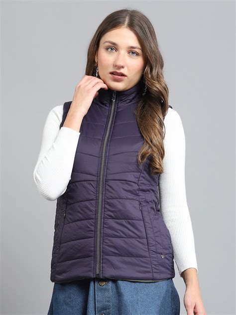 Buy Women Purple Solid Mock Neck Sleeveless Reversible Jacket Online in ...