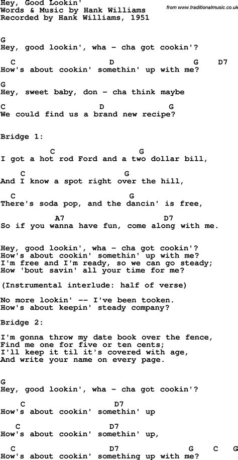 Song lyrics with guitar chords for Hey Good Lookin' - Hank Williams, 1951