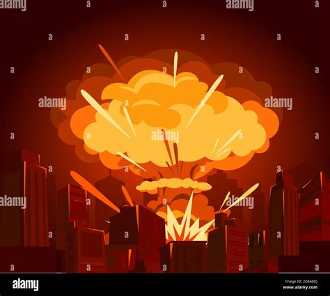 Vector illustration of atomic bomb in city. War and end of world concept in flat style. Dangers ...