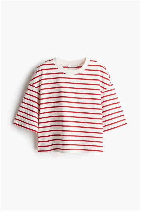 Cropped T-shirt - White/Red striped - Ladies | H&M IN