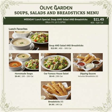 Olive Garden Soups, Salads, and Breadsticks Menu With Price