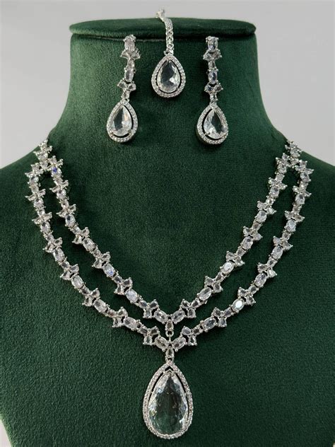 Silver Plated American Diamond Necklace Set with teardrop pendant and ...