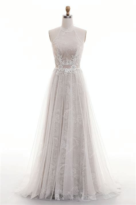 Twinkling Halter Neck Lace Designer Nude Open Back Beach Bridal Gown