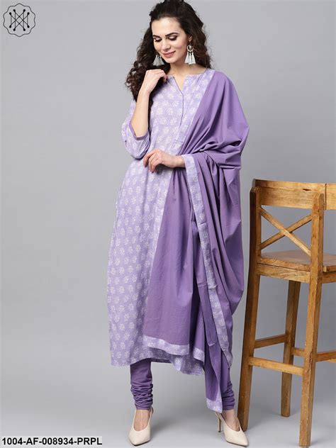 Purple & White Printed Straight Kurta Set With Solid Churidar & Mull D ...