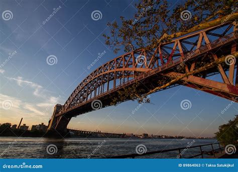 The Hell Gate Bridge with Sunset Sky, New York Stock Image - Image of ...