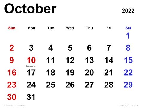 October 2022 Calendar | Templates for PDF, Excel and Word