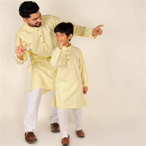 Pro Ethic Father Son Matching Outfits Kurta Pajama Set Yellow Silk B-109