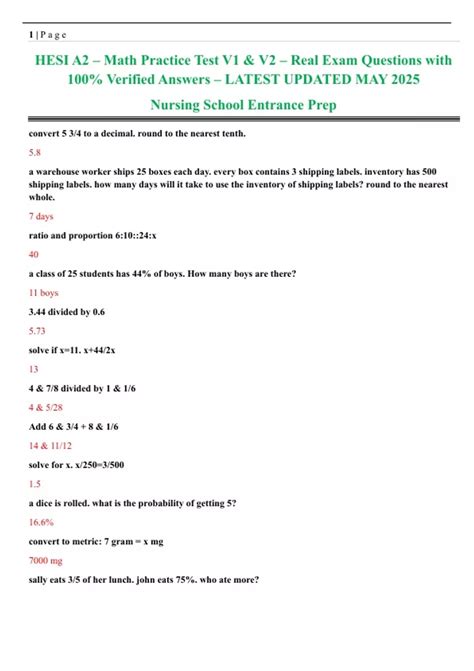 HESI A2 – Math Practice Test V1 & V2 – Real Exam Questions with 100% ...