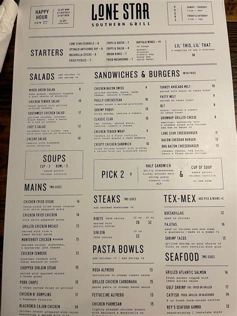 Menu at Lone Star Southern Grill steakhouse, Brenham