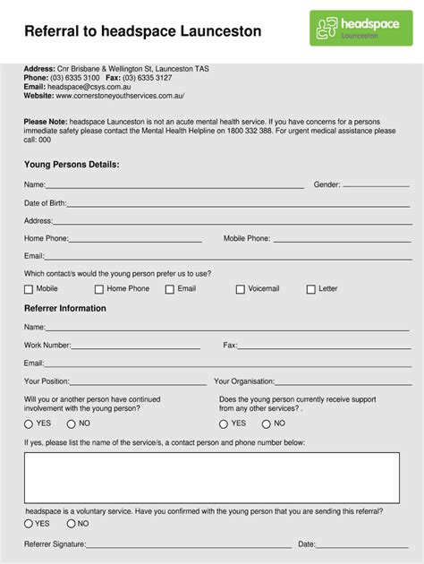headspace Launceston Referral Form - Blank Fillable Template | Fill Out ...