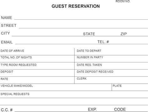Guest Reservation Registration Card For Hotels Motels Hospitality Front ...