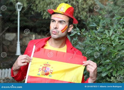 Enthusiastic Spanish Man Waving the National Flag Stock Image - Image ...