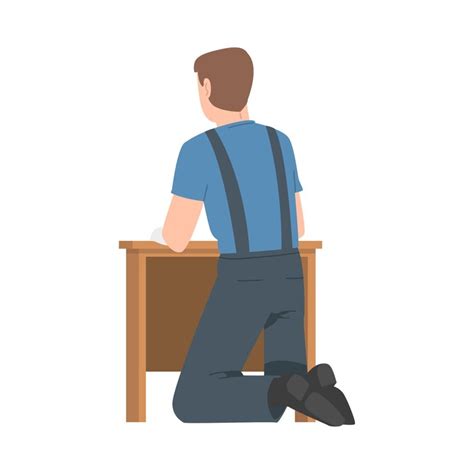 Young man in overall assembling and installing wooden furniture vector ...