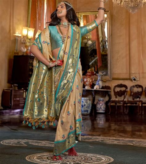 Tissue Silk Organza Saree with Floral Paithani Design & Soft Banaras F ...
