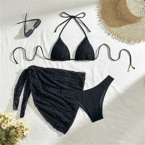 Halter Neck Lace Up Triangle Three Piece Swimwear with Sarong Black ...