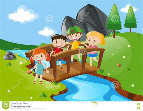 四个孩子过桥 向量例证. 插画 包括有 青年时期, 场面, 子项, 风景, 女孩, 贿赂, 背包, 学员 - 78803129