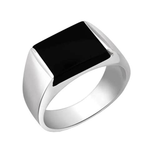 Peora Sterling Silver Rhodium Plated Rectangle Black Onyx Solitaire Men ...