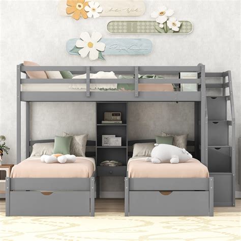 Triple Bunk Bed with Stairs, Twin Over Twin & Twin Bunk Bed for 3 ...