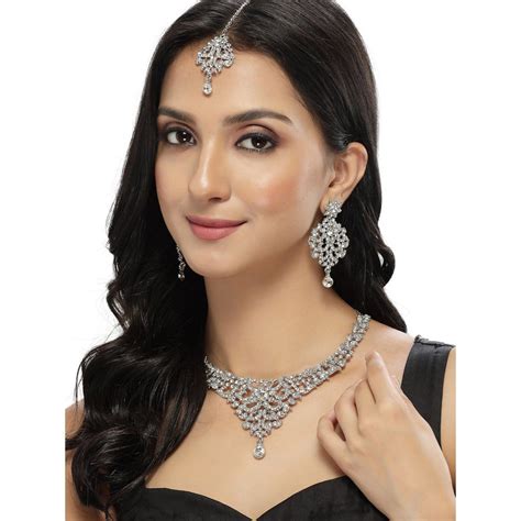 Buy Sukkhi Rhodium Plated AD White Stone Collar Bone Necklace Earring ...