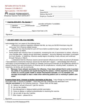 2021-2025 CA Kaiser Permanente Influenza Vaccination Declination Form ...