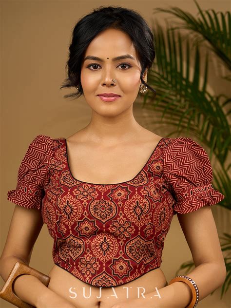 Sleek corset -style ajrakh fitted silhouette cotton blouse . – Sujatra
